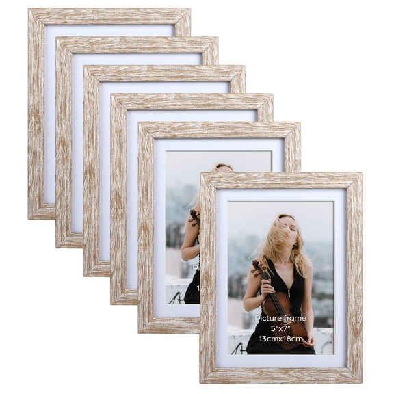 5x7 Picture Frame Set of 6, Gray Frame Matted for 5x7 or 6x8 Photos, Wall or Tabletop