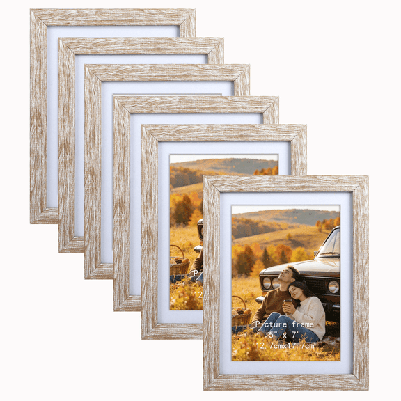 5x7 Picture Frame Set of 6, Gray Frame Matted for 5x7 or 6x8 Photos, Wall or Tabletop