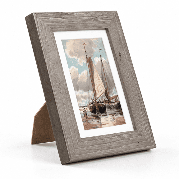 5x7 Picture Frame With Mat For 4x6 Photo Solid Elm Wood & Tempered Glrustic Wall Tabletop Display Grey 1 Pack