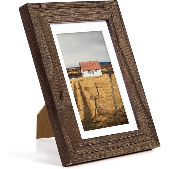 5x7 Picture Frame with Mat for 4x6 Photo, Solid Elm Wood & Tempered Glass, Rustic Wall & Tabletop Display Frame, Walnut, 1 Pack