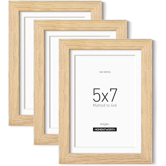 5x7 Picture Frame with Mat for 4x6 set of 3, Solid Oak Wood 5x7 Frame with Tempered Glass for Wall Mount & Tabletop(3 Pack,Oak)