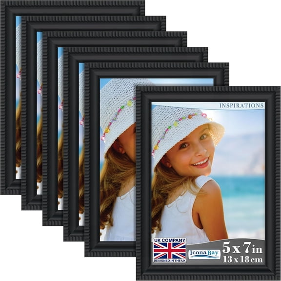 5x7 Picture Frames (Black, 6 Pack), Beautifully Detailed Molding, Contemporary Picture Frame Set, Wall Mount or Table Top, Inspirations Collection