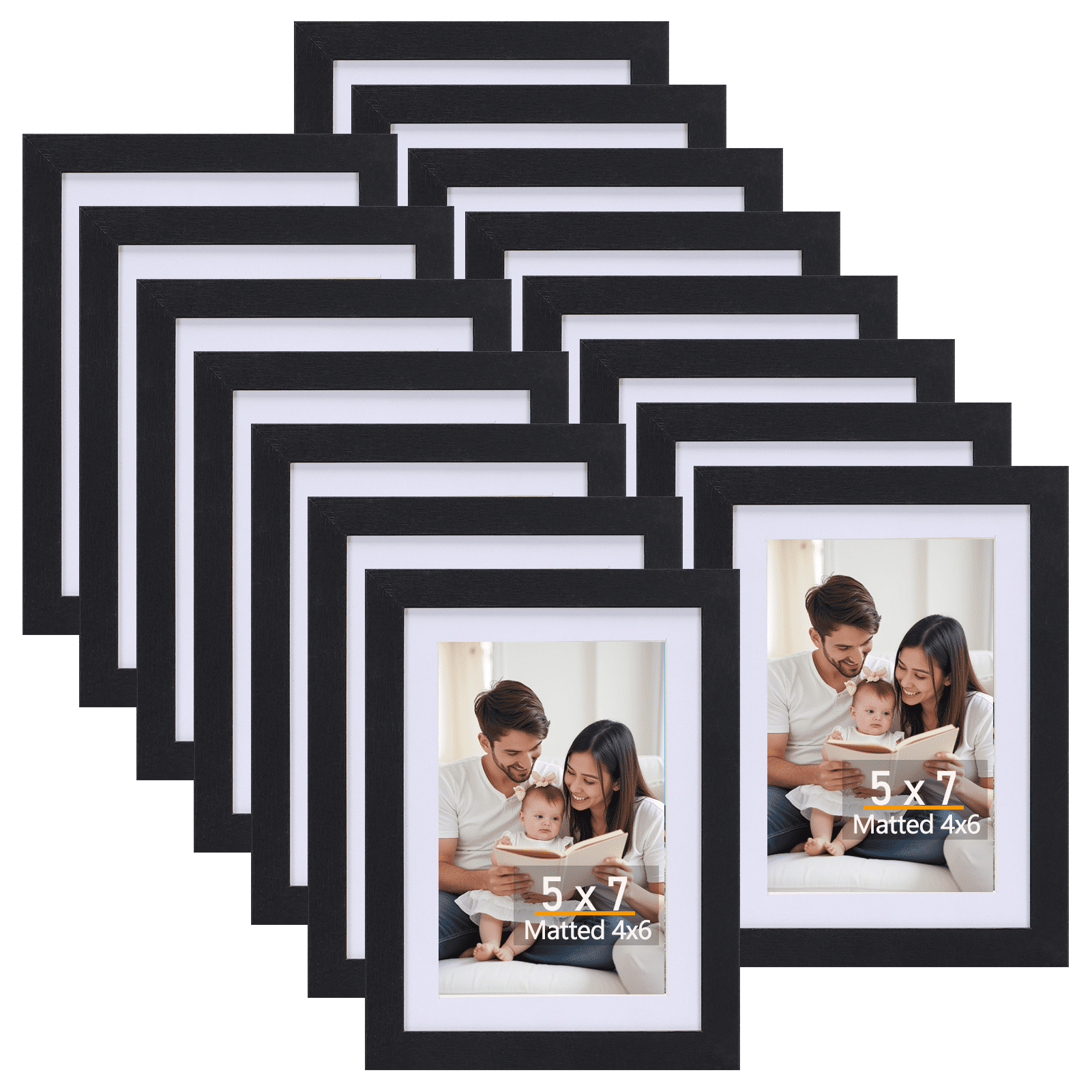 5x7 Wood Picture Frames Set of 15, Display 4x6 Photos with Mat or 5x7 Photos without Mats for Wall or Tabletop Decoration, Black