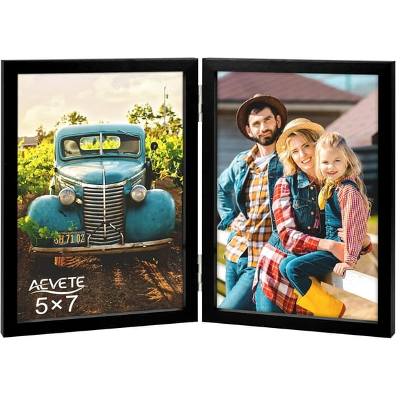 5x7 Picture Frames Double Hinged Wood Folding Photo Frames Vertical with Plexiglass Front, Black