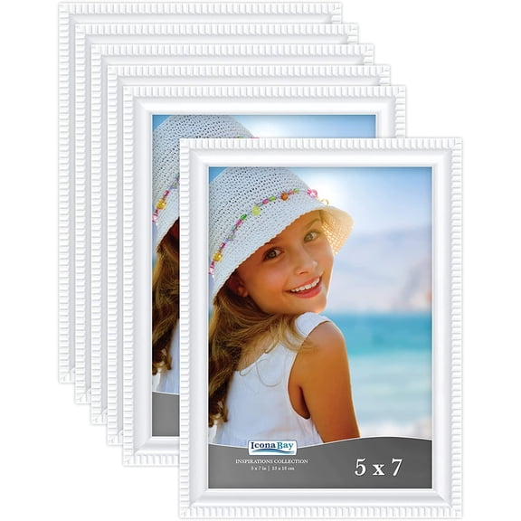 5x7 Picture Frames (White, 6 Pack), Beautifully Detailed Molding, Contemporary Picture Frame Set, Wall Mount or Table Top, Inspirations Collection