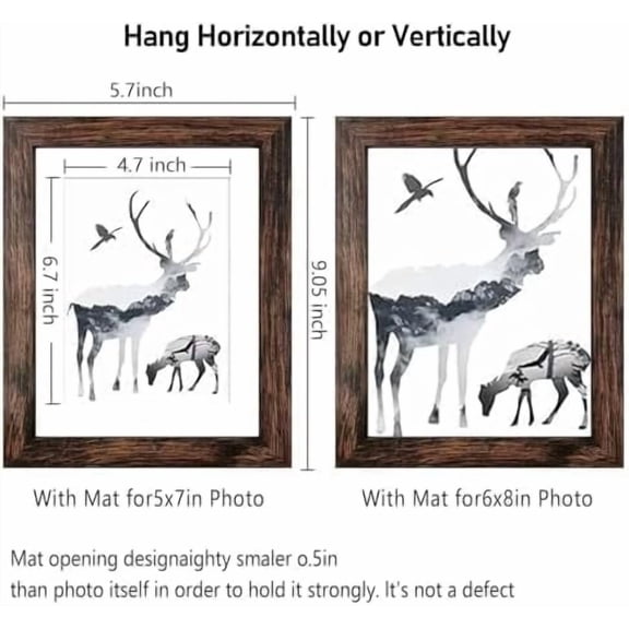 5x7 Picture Frames Wood Brown 4 Packs for Tabletop Display Wall Mount, Display Pictures 5x7 with Mat or 6x8 Without Mat