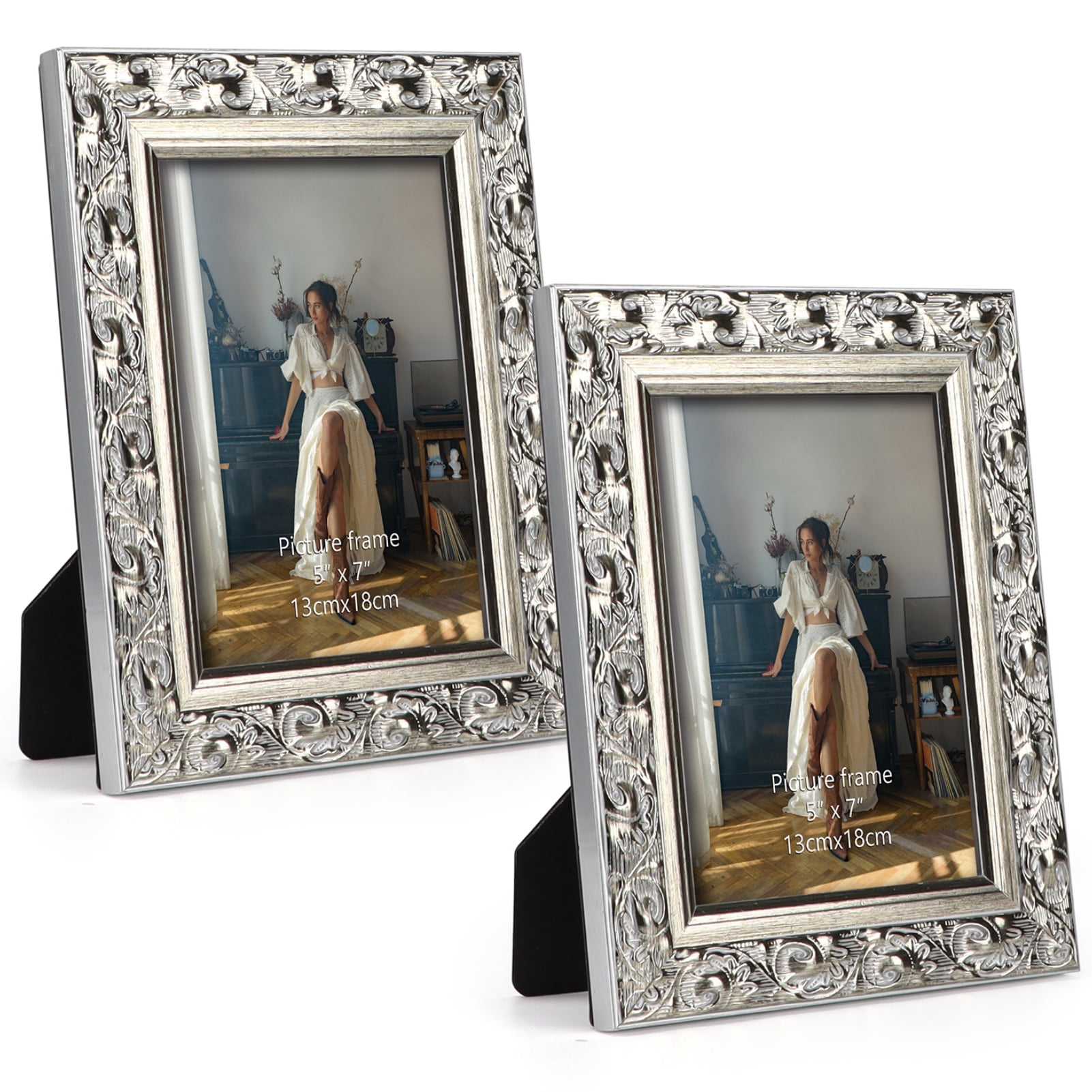 5x7 Picture frames Set of 2, Vintage Silver Photo Frame With Carved
