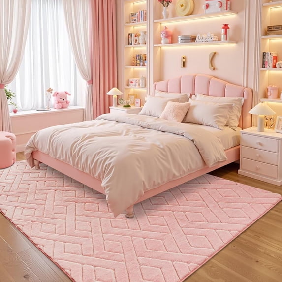 5x7 Pink Washable Area Rug for Girls Bedroom Living Room, Modern Geometric Shag Non-Slip Rugs, Fluffy Plush Soft Memory Foam Carpet for Kids Room Nursery Decor