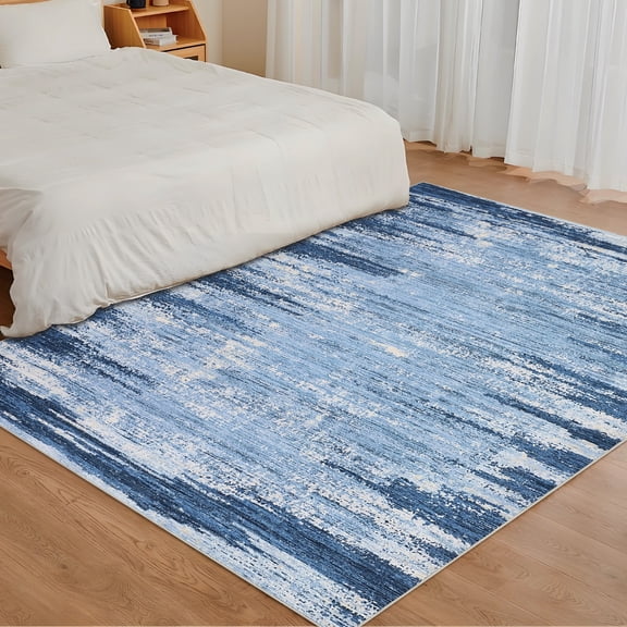 5x7 Rugs for Bedroom Living Room Machine Washable Rugs Abstract Non-Slip Stain Resistant Mat Modern Neutral Accent Carpets for Dining Room Table Apartment Office, Blue