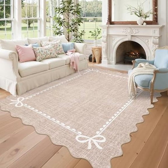 5x7 Scalloped Bow Rug for Living Room,Solid Camel Rug for Dorm,Washable Runner Rugs Soft Low Pile Non Slip Scalloped Rugs for Nursery Bedroom Decor Hallway Entryway Playroom