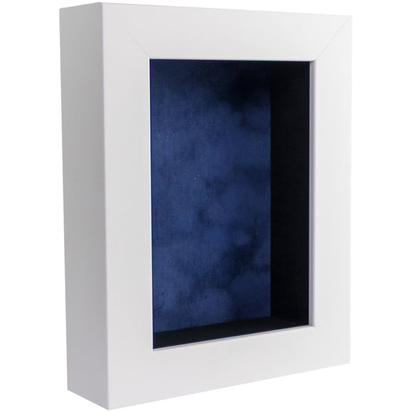 5x7 Shadow Box Frame In White With A 1 3/4" Usable Depth Includes Navy Blue Suede Acid-Free