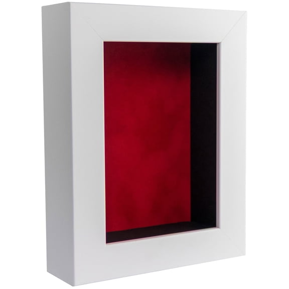 5x7 Shadow Box Frame In White With A 1 3/4" Usable Depth Includes Red Suede Acid-Free Backing, UV