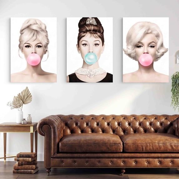 5x7 Size, Set of 3 Canvas, Marilyn Monroe, Audrey Hepburn, Brigitte Bardot Pink Bubble Gum Set of 3 Canvas Wall Art, Modern Portraits Home Decor, Trio 3-Piece Canvas