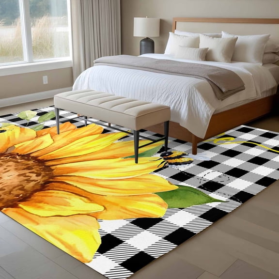 5x7 Sunshine Sunflower Area Rug for Living Room, Washable Non Slip Low Pile Soft Indoor Rug for Bedroom Dining Room, Black Buffalo Plaid Standard Room Rug