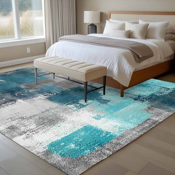 5x7 Teal Gray Block Area Rug for Living Room, Washable Non Slip Low Pile Soft Indoor Rug for Bedroom Dining Room, Abstract Art Standard Room Rug