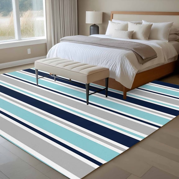 5x7 Teal Navy Blue Stripes Area Rug for Living Room, Washable Non Slip Low Pile Soft Indoor Rug for Bedroom Dining Room, Grey Classic Striped Standard Room Rug