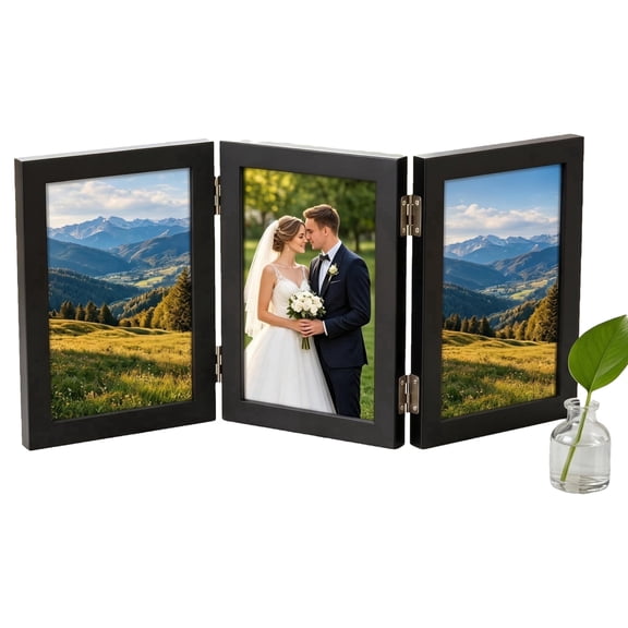 5x7 Three Picture Frame Trifold Hinged Photo Frame with 3 Openings Desktop Family Picture Collage, Shatter-Resistant Acrylic Glass (5x7 Triple, Black, 1-Pack)