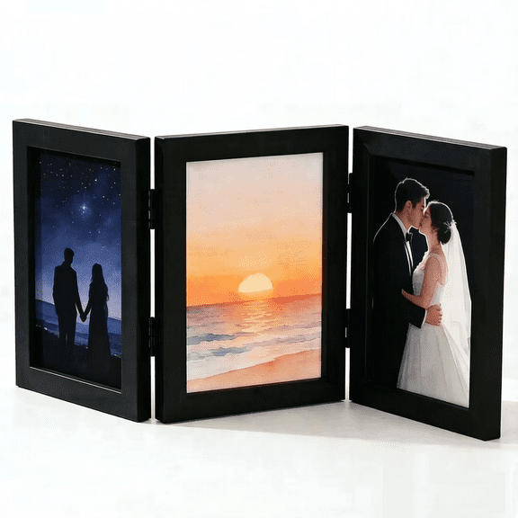 5x7 Three Picture Frame Trifold Hinged Photo Frame with 3 Openings, Desk Top Family Picture Collage, with Resistant Glass (Black, 1-Pack)