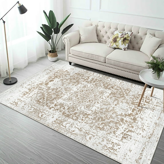5x7 Vintage Area Rug, Non-slip Washable For Living Room Elegance, Bedroom Kitchen, Soft , Ancient White Flower Majesty Rug 5x7, Floor Covering Floral Ornament