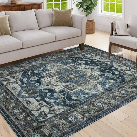 5x7 Vintage Bohemian Area Rug Non-Slip Washable Floral Design for Living Room Kitchen Bedroom Blue/Brown