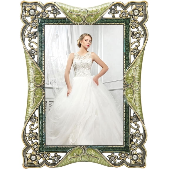 5x7 Vintage Brass Picture Frame Decor Ornate Antique Enamel Photo Frames with Glass Front, Art Decor Tabletop Display, Gifts Ideas for Women, Horizontally & Vertically,Green,Photo Display