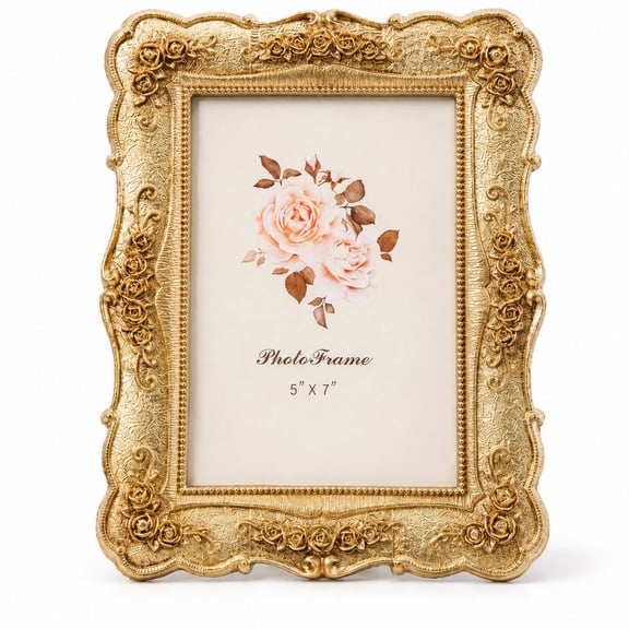 5 x 7 Vintage Gold Picture Frame, Floral Resin Photo Frame with Glass Front for Tabletop Display