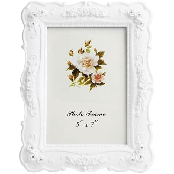 5x7 Vintage Picture Frame with Floral Design, Vintage Frames for Tabletop or Wall Display, White Photo Frame for Home Decor Wedding