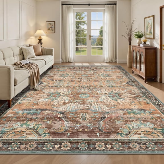 5x7 Vintage Retro Soft Washable Non-Slip Low Pile Area Rug in Vintage Orange Brick
