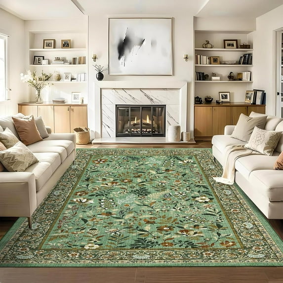 5x7 Vintage Washable Area Rug for Living Room, Non-Slip, Stain-Resistant, Low Pile Carpet for Bedroom, Dining Room, Green & Brown, Large.