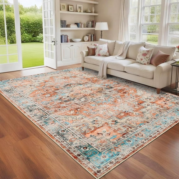 5x7 Vintage Washable Area Rug for Living Room, Non-Slip, Stain-Resistant, Low Pile Carpet for Bedroom, Dining Room, Red, Indoor, Large.