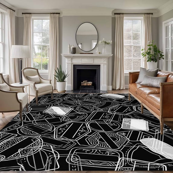 5x7 Washable Area Rug, Abstract Art Non-Slip Large Rectangle Rug for Living Room Bedroom, Travelling Lines Postmarks Black Background Indoor Floor Mat for Home Decor
