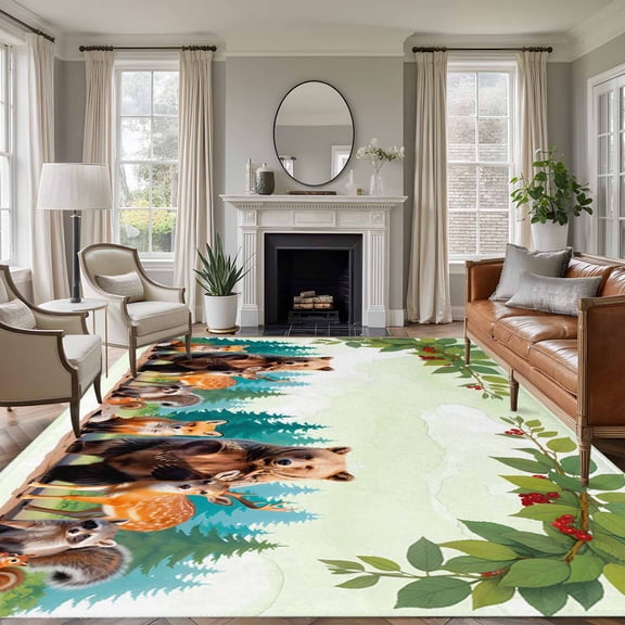 5x7 Washable Area Rug, Animals Non-Slip Large Rectangle Rug for Living Room Bedroom, Forest Bear Fox Deer Raccoon Squirrel Leaf Branch Berry Green Indoor Floor Mat for Home Decor