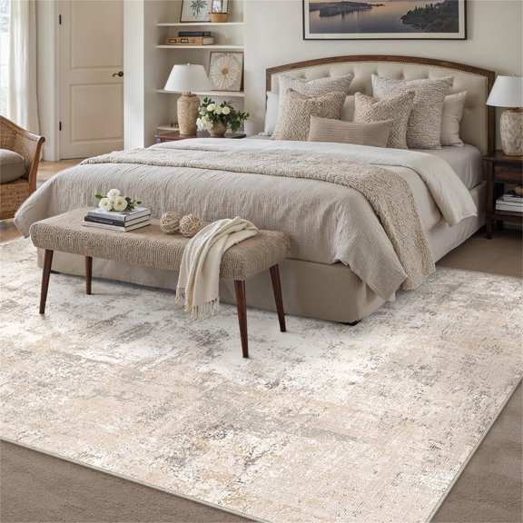 5x7 Washable Area Rug Beige Grey Abstract Living Room Bedroom Throw Rug Neutral Modern Non Slip Soft Low Pile Indoor Carpet for Dining Room Office Entryway
