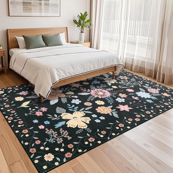 5x7 Washable Area Rug Boho Floral Rugs for Living Room, Soft Low Pile Non Shedding Floor Carpet with Low Pile for Kitchen Dining Bedroom Nursery, Black
