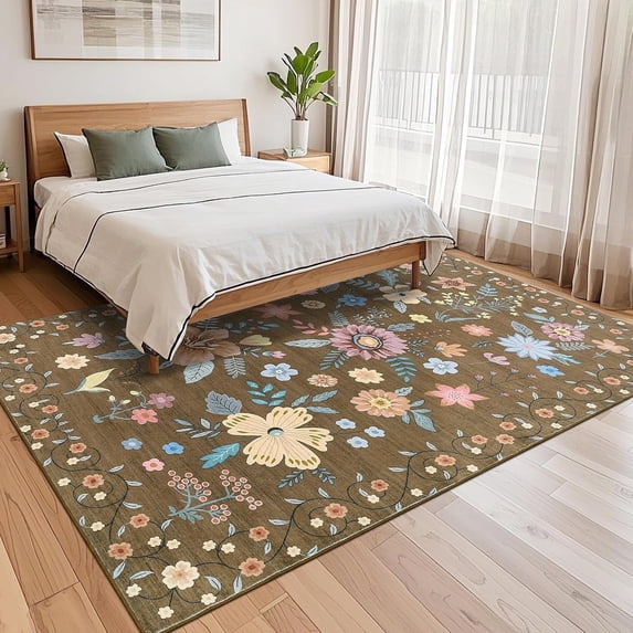 5x7 Washable Area Rug Boho Floral Rugs for Living Room, Soft Low Pile Non Shedding Floor Carpet with Low Pile for Kitchen Dining Bedroom Nursery, Brown