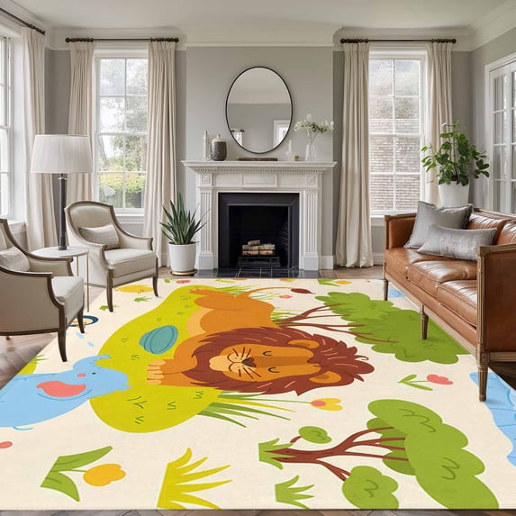5x7 Washable Area Rug, Cartoon Lion Non-Slip Large Rectangle Rug for Living Room Bedroom, Penguins Chicken Indoor Floor Mat for Home Decor