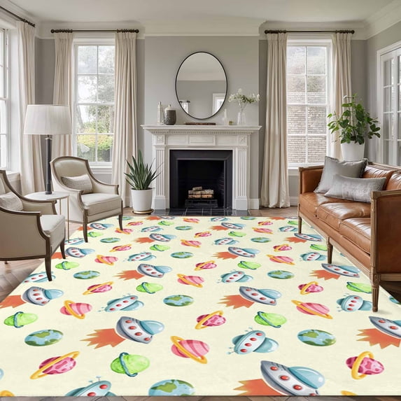 5x7 Washable Area Rug, Cartoon Spacecraft Non-Slip Large Rectangle Rug ...