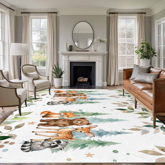 5x7 Washable Area Rug, Children's Day Non-Slip Large Rectangle Rug for Living Room Bedroom, Cartoon Animal Elephant Zebras Fox Giraffe Leaf Indoor Floor Mat for Home Decor