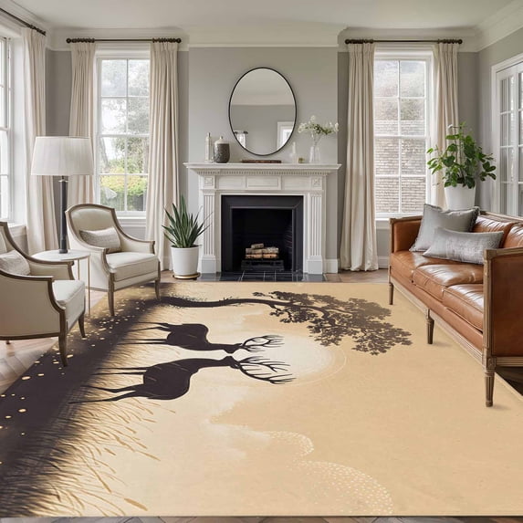 5x7 Washable Area Rug, Elk Silhouette Non-Slip Large Rectangle Rug for Living Room Bedroom, Grassland Animal Tree Indoor Floor Mat for Home Decor