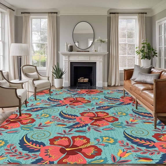 5x7 Washable Area Rug, Ethnic Decoration Non-Slip Large Rectangle Rug for Living Room Bedroom, Pastoral Red Cashew Flowers Indoor Floor Mat for Home Decor