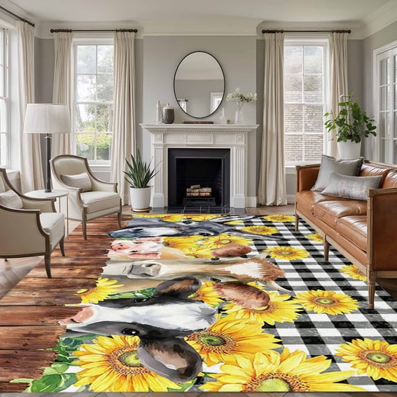 5x7 Washable Area Rug, Farm Non-Slip Large Rectangle Rug for Living Room Bedroom, Vintage Farmhouse Donkey Pig Cow Sunflower Leaf Wood Fence Black Plaid Indoor Floor Mat for Home Decor