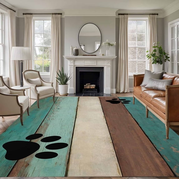 5x7 Washable Area Rug, Farmhouse Non-Slip Large Rectangle Rug for Living Room Bedroom, Cute Animal Claws Vintage Green Brown Wood Grain Indoor Floor Mat for Home Decor