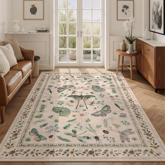 5x7 Washable Area Rug with Insect Print - Bug Rug Non-Shedding Stain Resistant Soft Carpet for Bedroom, Low Pile Ultra-Thin Machine Washable Carpet for Dining Room, Kids Nursery, Office (5'x7' Beige)