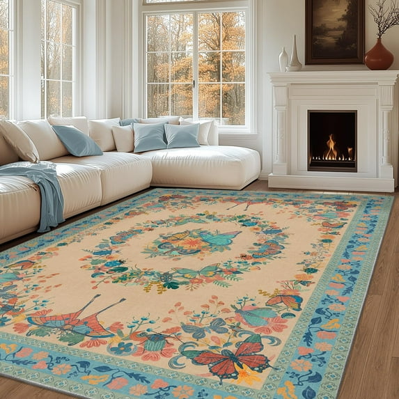 5x7 Washable Area Rug for Living Room Bedroom, Soft Low Pile Butterfly Insect Printed Throw Rugs with Rubber Backing, Non-Slip Stain Resistant Carpet for Office Dining Room Girls Room Blue/Beige