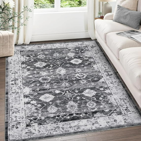 5x7 Washable Area Rug Mysterious Vintage Floral Distressed Rugs Indoor Floor Cover Print Distressed Carpet Accent Rug Non-Slip Gray