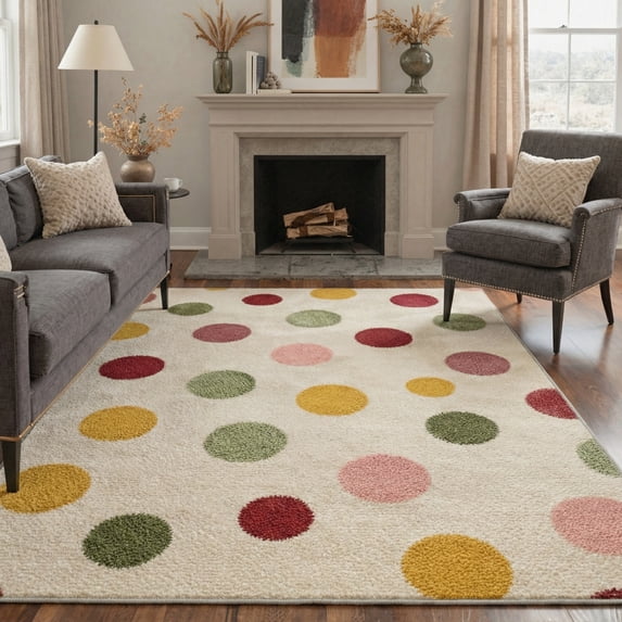5x7 Washable Area Rug with Non Slip Backing, Low Pile Lightweight Print Pattern for Living Room and Bedroom, Machine Washable Indoor Carpet Dots, Ivory