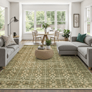5x7 Washable Area Rug, Non-Slip, Stain-Resistant Low-Pile Vintage Neutral Traditional Rug for Dining Room, Living Room, office, Bedroom -Olive Green