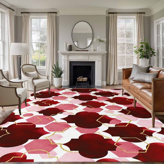 5x7 Washable Area Rug, Red Moroccan Non-Slip Large Rectangle Rug for Living Room Bedroom, Abstract Gradient Gold Red Geometric Indoor Floor Mat for Home Decor