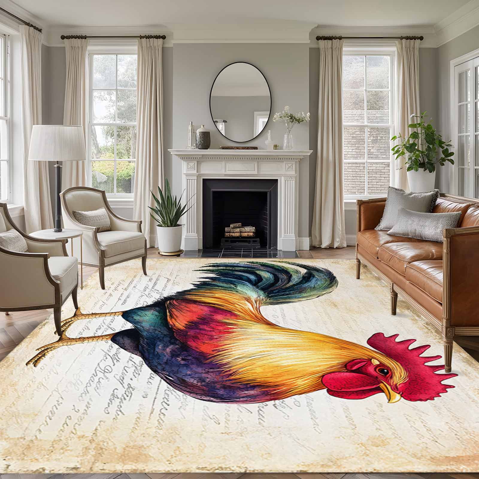 5x7 Washable Area Rug, Rooster Non-Slip Large Rectangle Rug for Living ...
