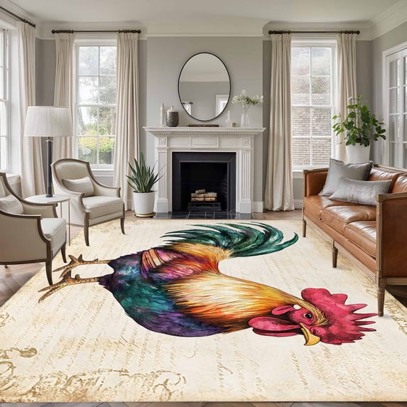 5x7 Washable Area Rug, Rooster Non-Slip Large Rectangle Rug for Living Room Bedroom, Farm Chicken Indoor Floor Mat for Home Decor